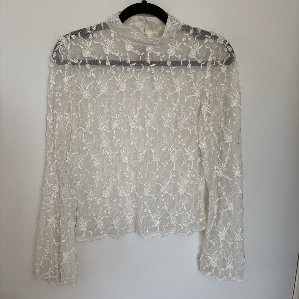 Vintage Jessica McClintock White Victorian Lace Sheer Fairy Bell Sleeve Size 6